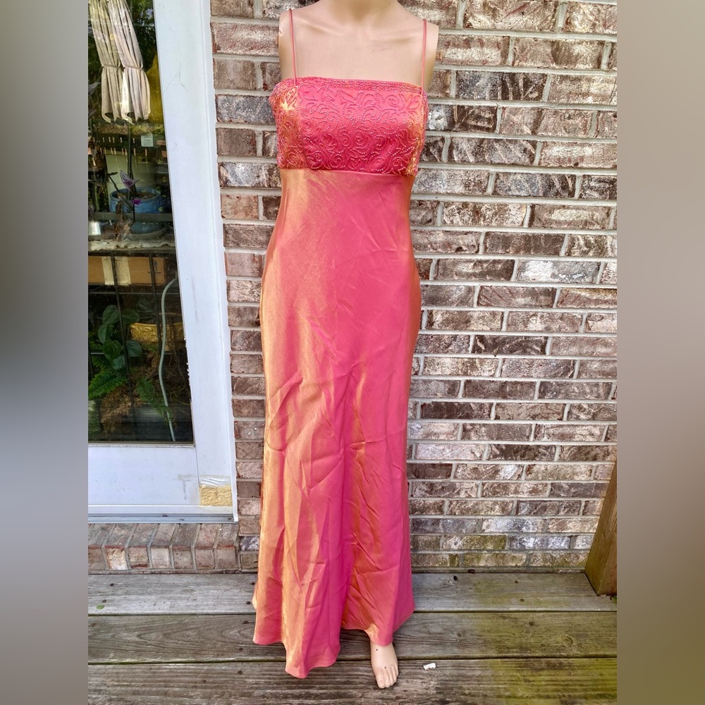 90s Vintage Beaded Coral Bridgerton Iridescent Blondie Nites Prom Dress Gown